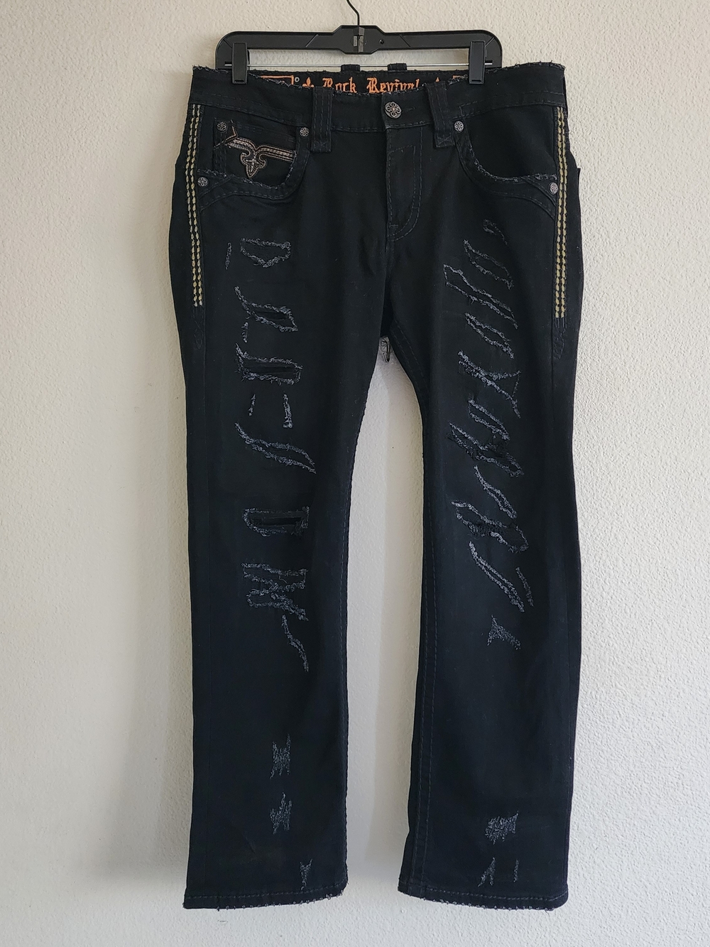 Rock Revival Baran Straight Mens Black Distressed Jeans Size 34x30